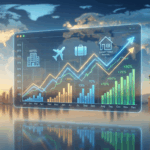 Cover image visualizing global travel and hospitality recovery. A transparent digital dashboard displays upward-trending line graphs, bar charts with growth percentages (+30%, +50%), and icons for hotels, flights, and short-term rentals against a backdrop of a glowing world map and global landmarks like the Eiffel Tower and Statue of Liberty at sunrise.