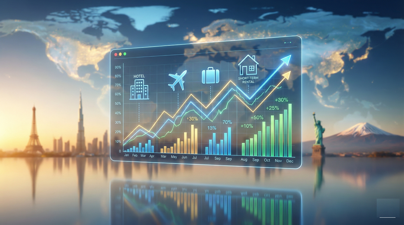 Cover image visualizing global travel and hospitality recovery. A transparent digital dashboard displays upward-trending line graphs, bar charts with growth percentages (+30%, +50%), and icons for hotels, flights, and short-term rentals against a backdrop of a glowing world map and global landmarks like the Eiffel Tower and Statue of Liberty at sunrise.